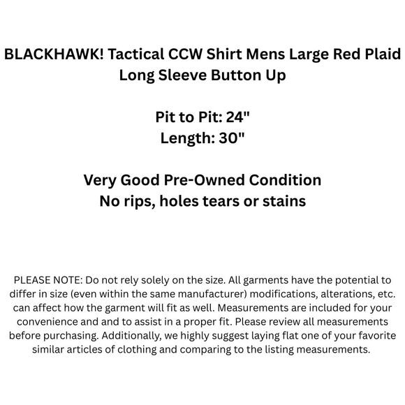 BLACKHAWK! Tactical CCW Shirt Mens Large Red Plaid Long Sleeve Button Up - Picture 3 of 13
